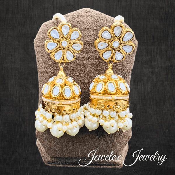 shibra kundan and pearls jhumka earrings