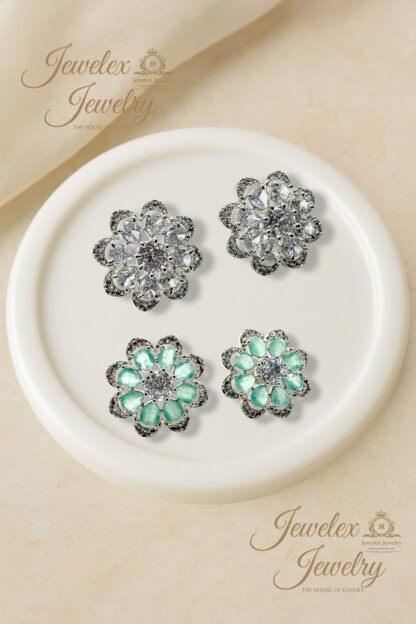 floral stud earrings in silver rhodium plated diamond simulants - Image 2