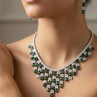 radiating deep emerald tone diamond style silver necklace set
