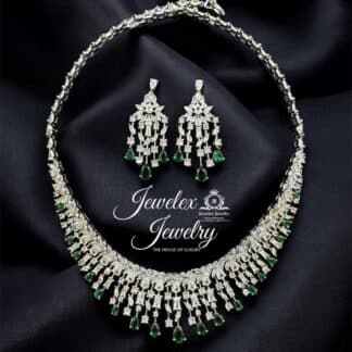 diamond cut style silver and green necklace set