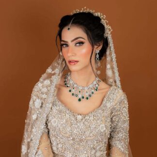 brilliance diamond style silver and emerald necklace set