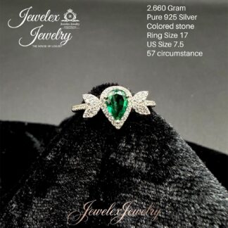 emerald-green pear halo winged ring in 925 silver wgt2.660