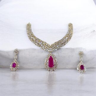 gold tone ruby red teardrop v necklace set
