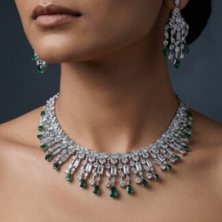 silver tone and emerald green zircon baguette cut necklace set
