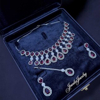 Silver-Tone Ruby Red & Pearl Teardrop Cubic Zirconia necklaceSet