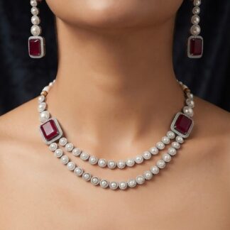 crimson pearl layered necklace set